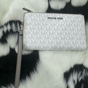 Michael Kors Silver and White Logo Wristlet